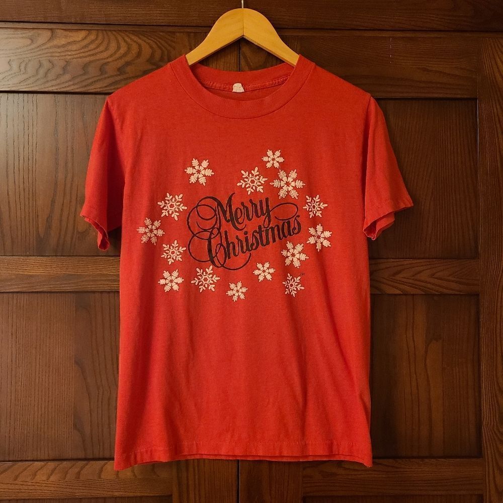 Vintage Merry Christmas Single Stitch Tshirt Red Small Medium